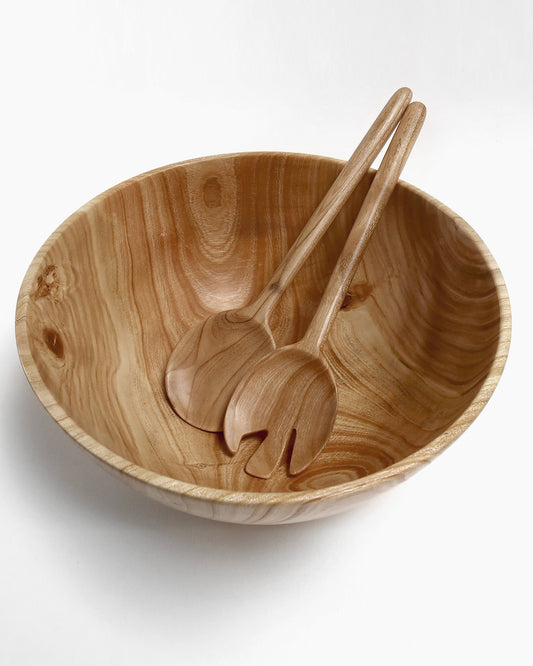 Salatskål i kirsebærtræ med matchende salatskeer